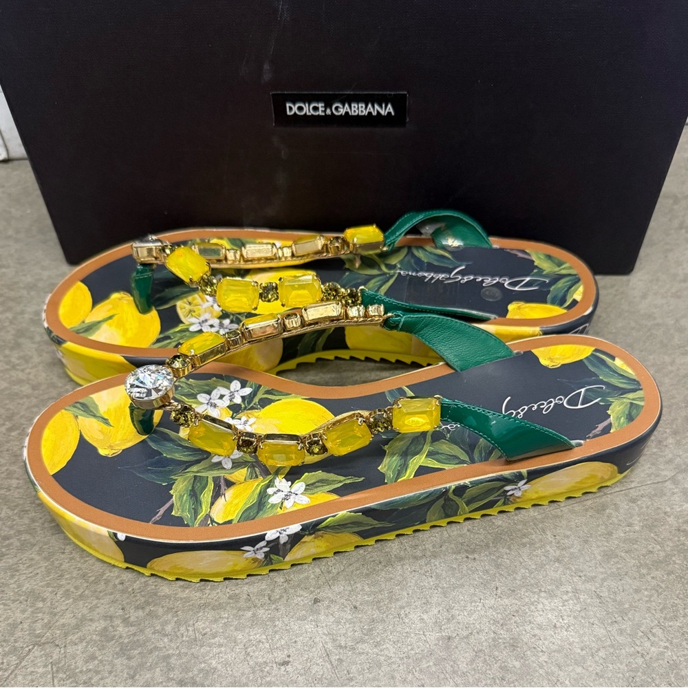 Dolce and Gabbana Lemon Print Jeweled Thong Flip Flop Sandals - Picture 4 of 10